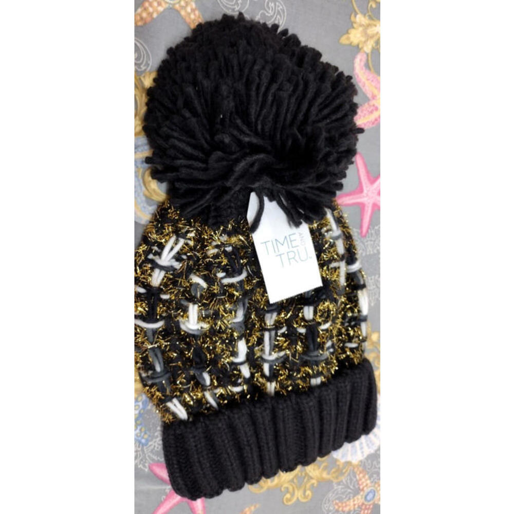 Winter Cozy Black Yarn Knit Beanie Gold Metallic Pom Glam Tinsel NEW YEAR'S 2027